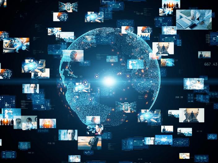A pixelated version of the globe in blue, surrounded by snapshots of photos from around the world.